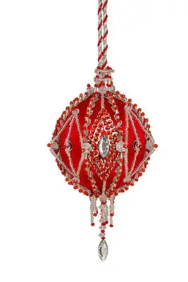 Ornate red and silver beaded Christmas ornament with a clear crystal drop from Cracker Box holiday festival collection