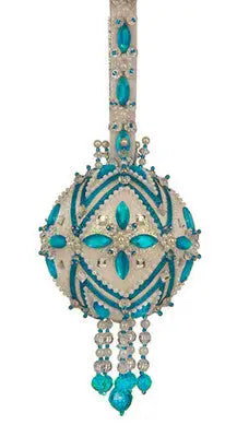 Ornate white and teal beaded Christmas ornament from Cracker Box Ornament Kit