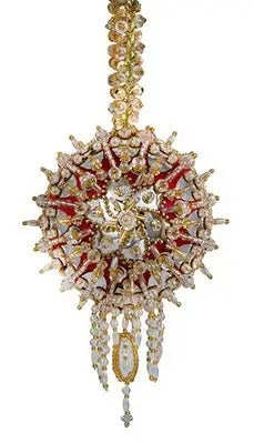 Decorative red and gold beaded Christmas ornament with crystal accents and tassels from Cracker Box Ornament Kit