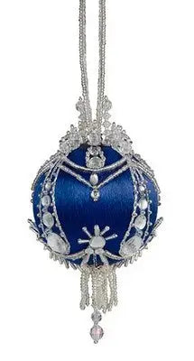 Royal blue cracker box Christmas ornament with bejeweled silver beadwork and tassel