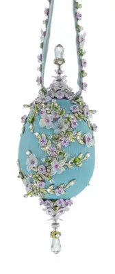 Embellished turquoise blue egg-shaped handbag with floral and crystal accents for cracker box Christmas ornament kit