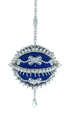 Ornament kit featuring ornate blue silver diamond-encrusted Christmas ornament with pearls