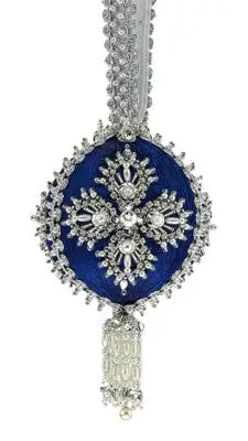 Ornate blue and silver Christmas ornament with tassel from The Cracker Box Ornament Kits