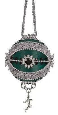 Dark green and silver beaded Christmas ornament with dangling figurine from Cracker Box ornament kits