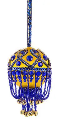 Vibrant yellow and blue beaded cracker box Christmas ornament kit with tassels