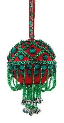 Red and green bejeweled Christmas ornament with beaded fringe from The Cracker Box ornament kit