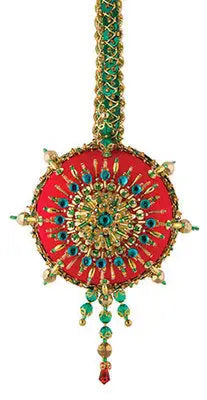 Elaborate red and gold Christmas ornament with teal accents from The Cracker Box ornament kit