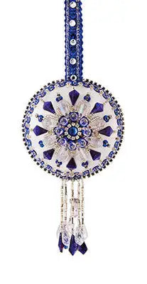 Ornate round cracker box Christmas ornament kit with white blue beads and crystal teardrops