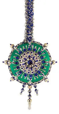 Ornate green and blue beaded Christmas ornament from The Cracker Box Ornament Kit