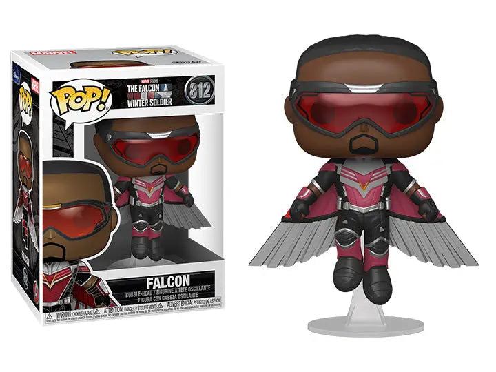 Funko Pop Falcon flying with red goggles and metallic wings from The Falcon and the Winter Soldier