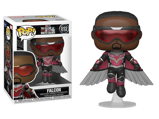 Funko Pop Falcon flying with red goggles and metallic wings from The Falcon and the Winter Soldier