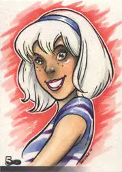 Colorful sketch card of a smiling woman by Arley Tucker wearing a purple top