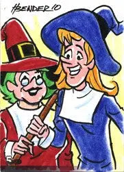 Cartoon characters in colorful hats on The Female Persuasion sketch card by Howard Bender