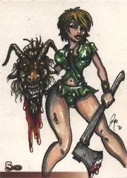 Stylized sketch card of a woman in green with a severed monster head by Pete McDonough