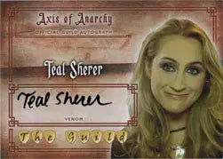 Autograph card of Teal Sherer as Venom with a smiling photograph of the actress