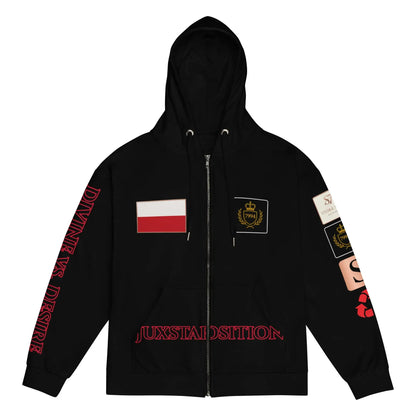 Black zip-up hoodie with patches from The JUXTAPOSITION Hoodie at STORE 7994, stylish and safe