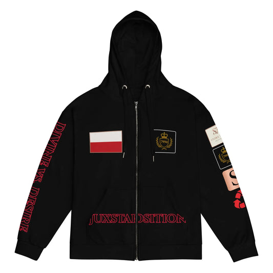 Black zip-up hoodie with patches from The JUXTAPOSITION Hoodie at STORE 7994, stylish and safe