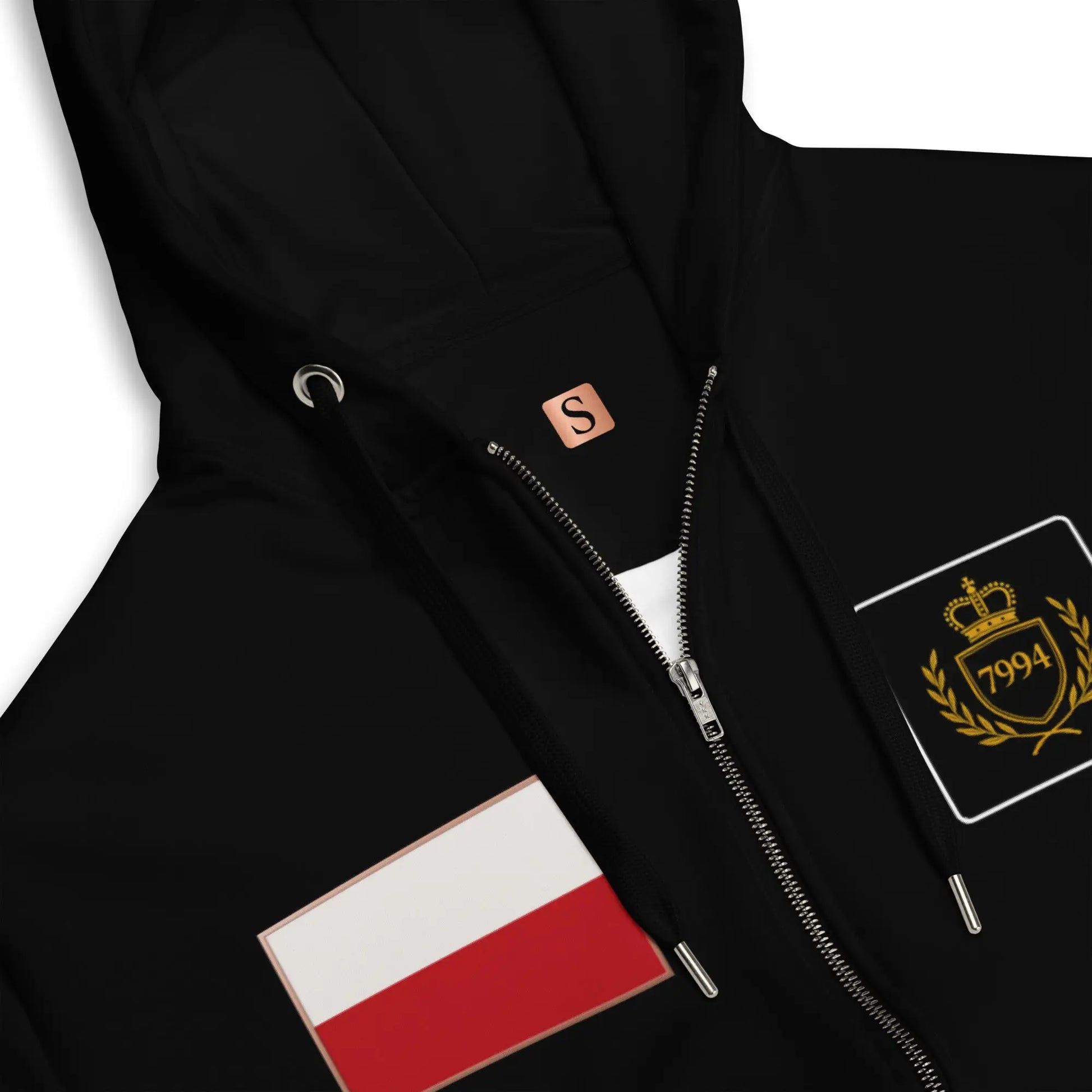 Black zip-up hoodie with embroidered patches from STORE 7994 Juxtaposition Hoodie collection