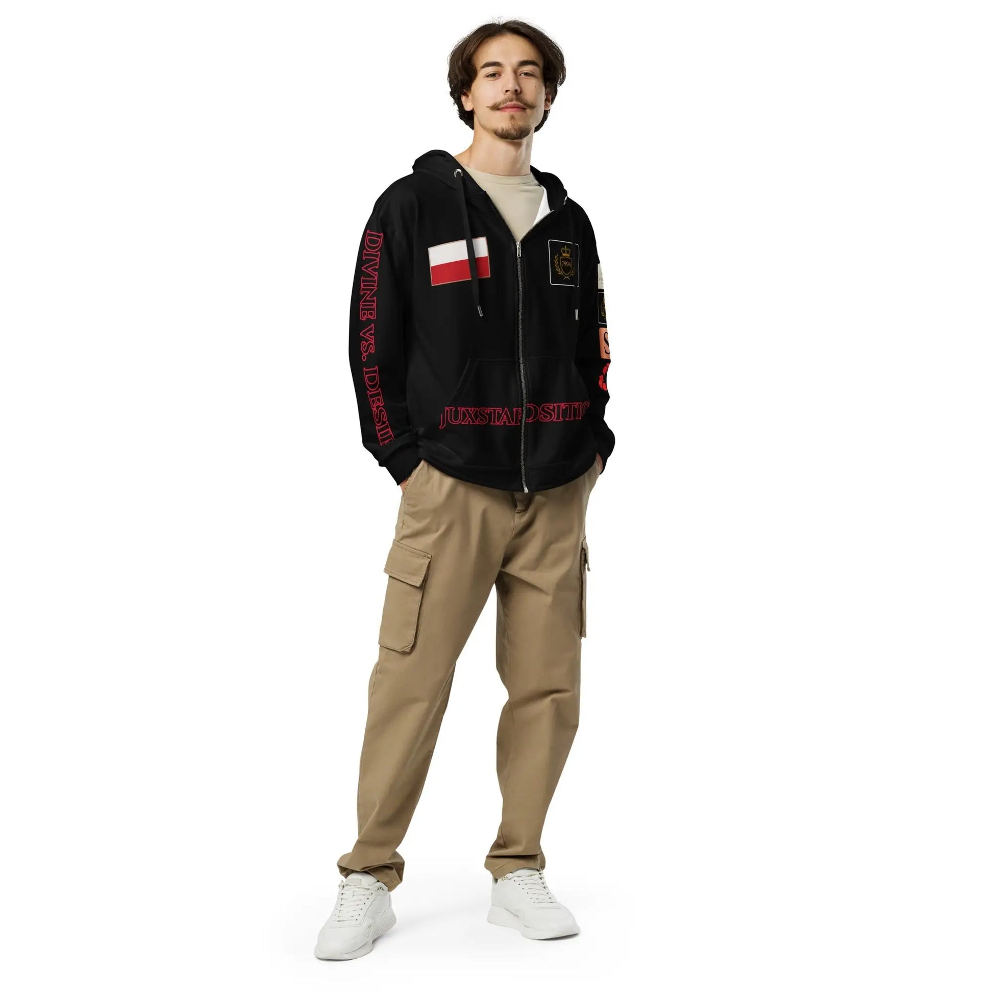 Men’s black juxtaposition hoodie with red white stripe and tan cargo pants for style
