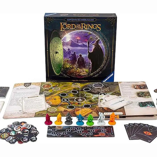 The Lord of the Rings Adventure Book Game featuring game pieces, cards, and board