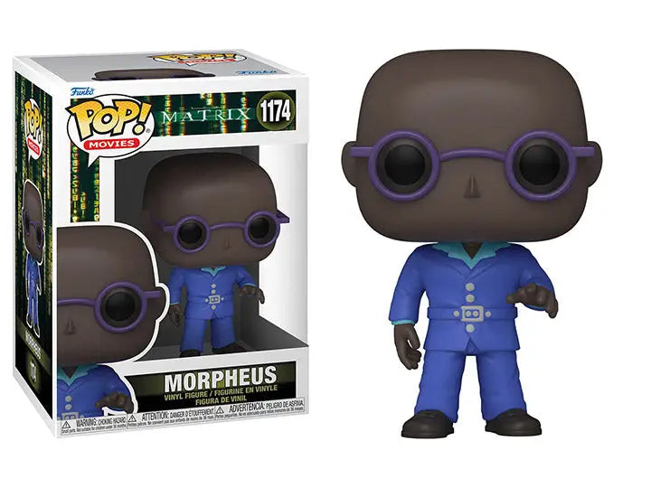 Funko Pop Morpheus from Matrix Resurrections in blue suit with purple sunglasses