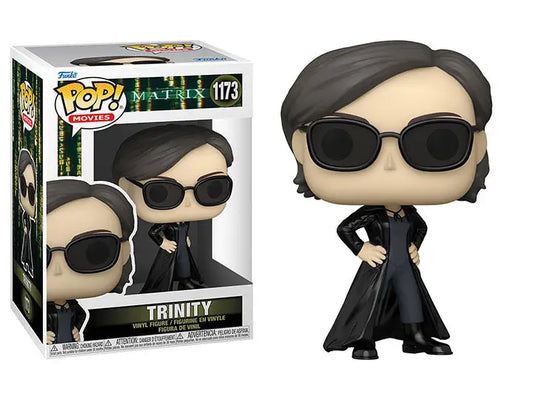 Trinity Funko Pop figure in black coat and sunglasses from The Matrix Resurrections