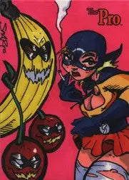 Cartoon sketch card by Luke Smarto featuring a superhero and fruit villains