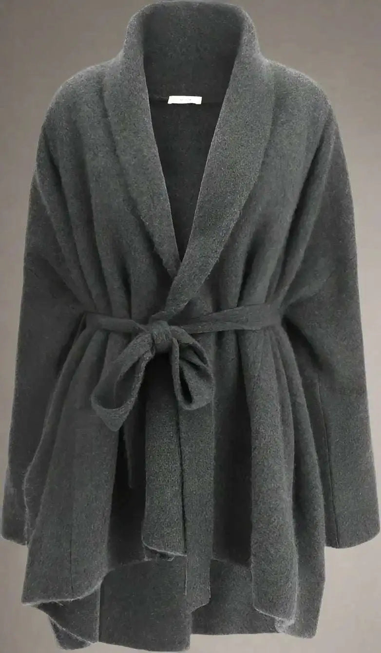 Cozy dark grey belted Ija coat with shawl collar and long sleeves for women