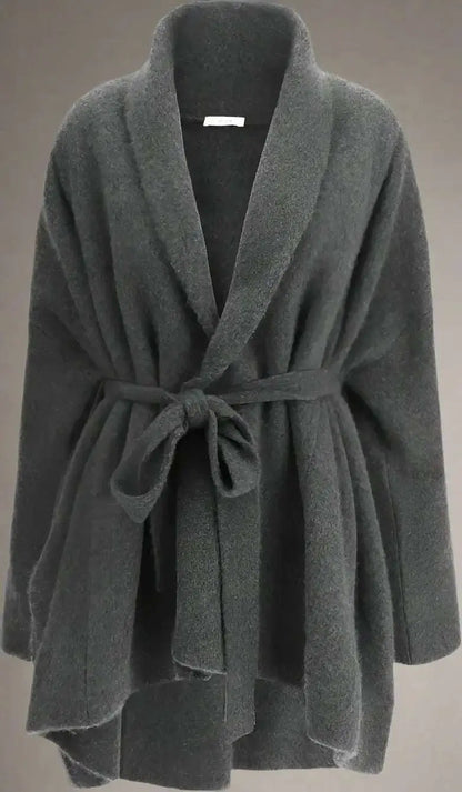Cozy dark grey belted Ija coat with shawl collar and long sleeves for women