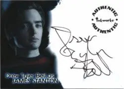 Black and white photo of Drew Tyler Bell with autograph on The Seeker card