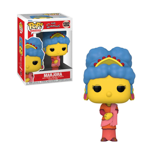 Funko Pop vinyl figure of Marge Simpson in a pink dress with tall blue hair