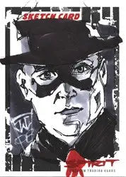 Black and white noir illustration of a masked figure on The Spirit Movie sketch card