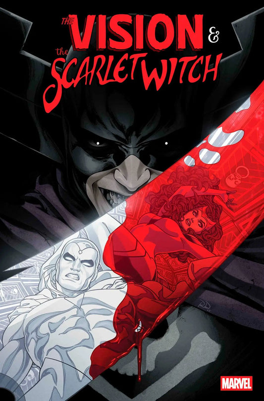 Comic book cover of The Vision & The Scarlet Witch #2 featuring Scarlet Witch and grim reaper’s mysterious black background