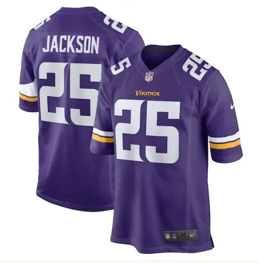Purple Minnesota Vikings Theo Jackson NFL jersey with number 25 on display