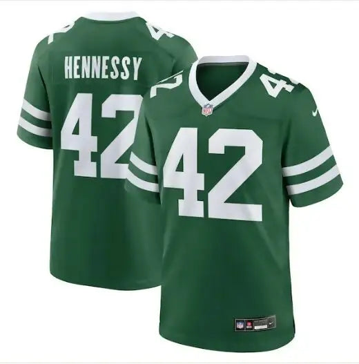 Thomas Hennessy Green New York Jets Nike Game Jersey with white stripes and numbers