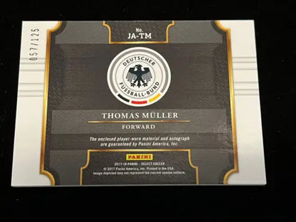 Thomas Müller Panini Select 2017 Jersey Patch Card #d 57/125 showcasing memorabilia