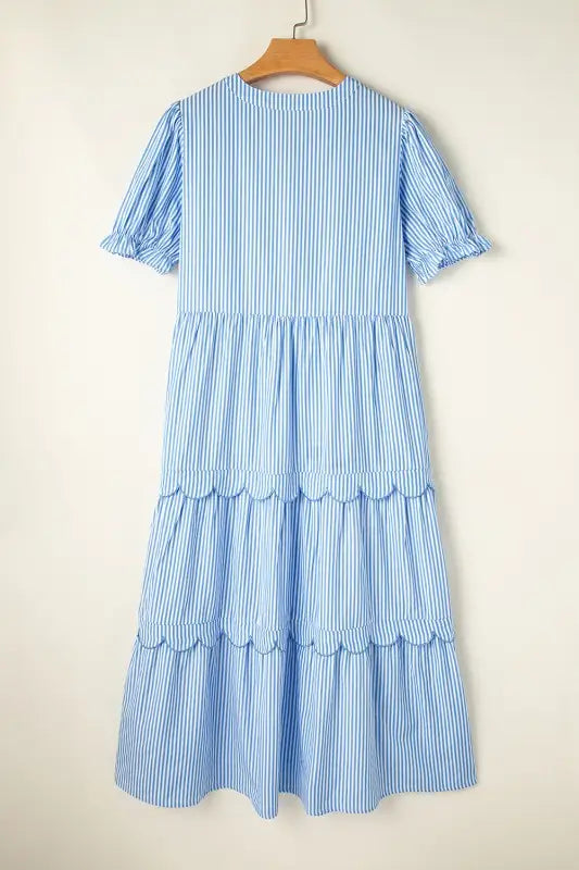 Threaded Pear’s Striped Tiered & Scalloped Midi Day Dress - Day Dress