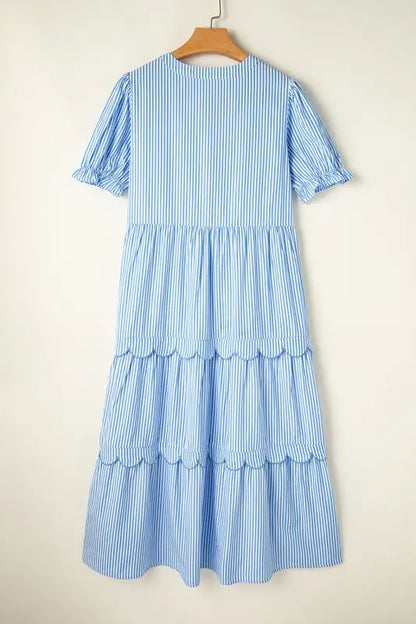 Threaded Pear’s Striped Tiered & Scalloped Midi Day Dress - Day Dress