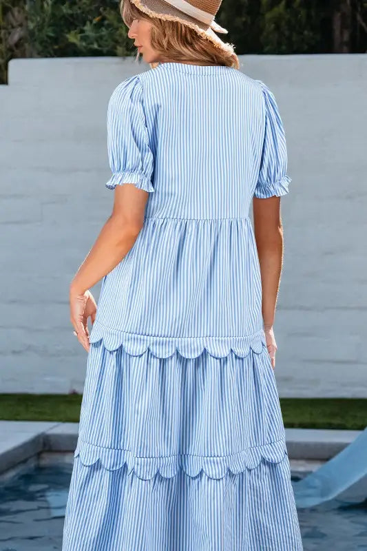 Threaded Pear’s Striped Tiered & Scalloped Midi Day Dress - Day Dress