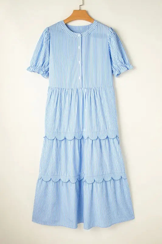 Threaded Pear’s Striped Tiered & Scalloped Midi Day Dress - Day Dress