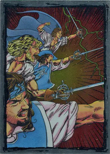 Colorful illustration of swashbuckling pirates in action on Three Musketeers Movie Spectra Chase Card