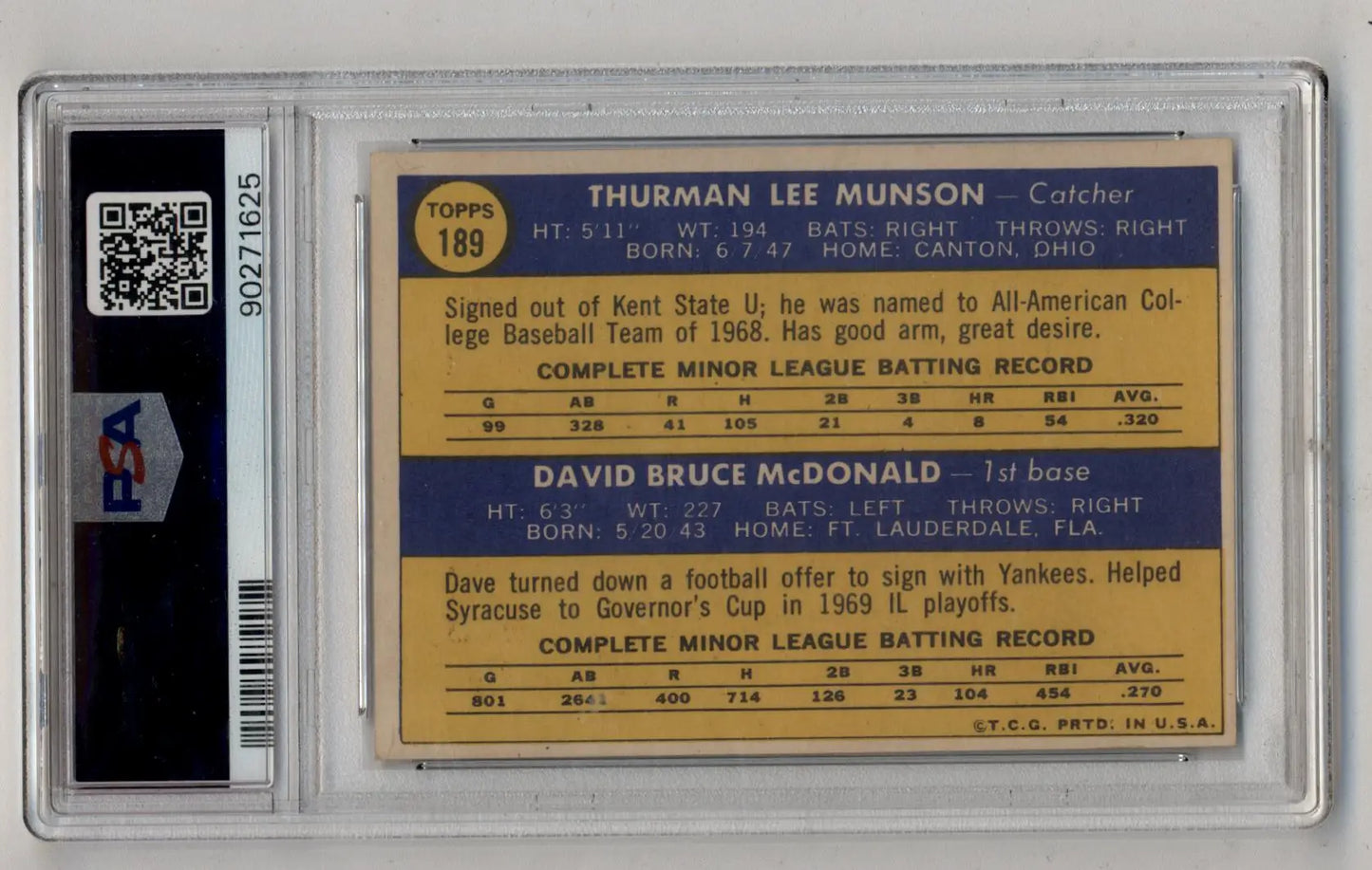 Thurman Munson McDonald baseball card with player stats in protective holder, Yankees Rookies PSA