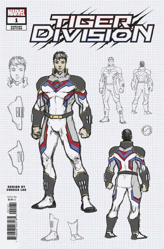 Character design sketch for Tiger Division superhero by Creees Lee with costume details