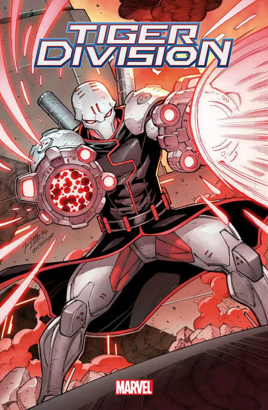 Armored figure with glowing red energy weapons in Tiger Division trading card art