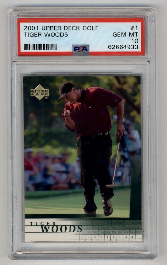 Graded Tiger Woods trading card from Upper Deck 2001 with PSA 10 Gem Mint status