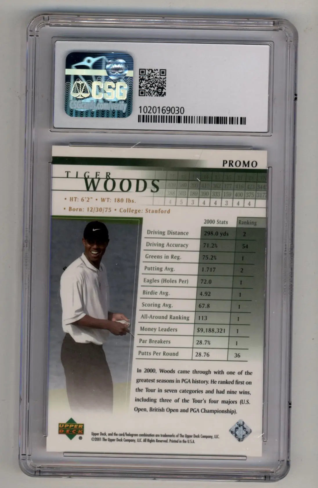 Tiger Woods 2001 Upper Deck Promo CSG 9.5 Gem Mint golf card in protective case