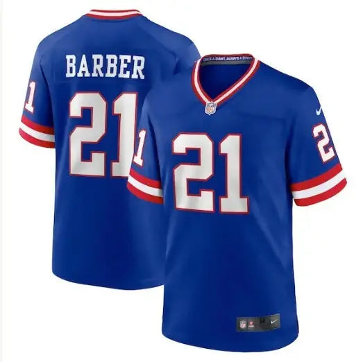 Blue football jersey with white and red accents from Tiki Barber York Giants Nike classic