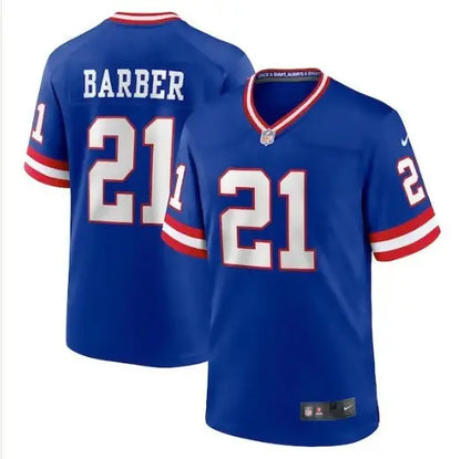 Blue football jersey with white and red accents from Tiki Barber York Giants Nike classic