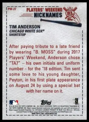 Baseball card back from Tim Anderson 2019 Topps Big League Players Weekend Nicknames