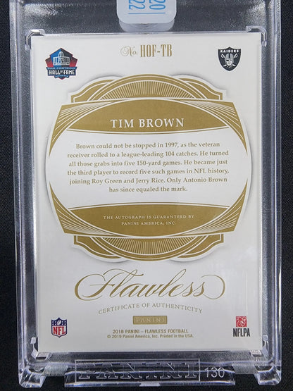 Back side of Tim Brown Panini Flawless Honors Buyback Auto card in protective case